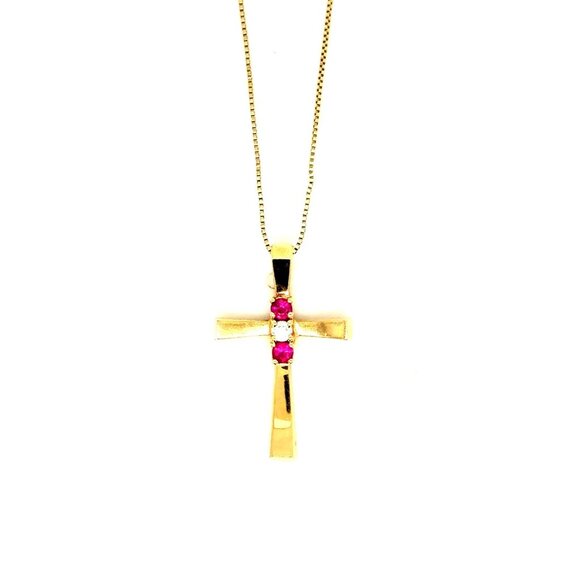 14k Gold Rubies/Diamond Cross Necklace - Picture 1 of 12